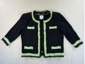 Toula Women Large Black Green Knit 3/4 Sleeve Open Front Office Blazer Jacket